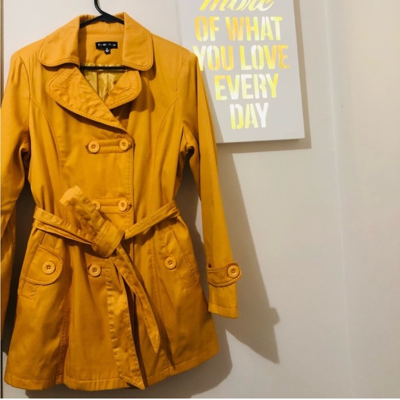 CAROLINE MORGAN Mustard Yellow Trench Coat, Jacket, Tieup waist, Pockets Size 12 - Picture 2 of 5